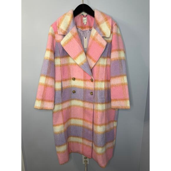 Anthropologie Maeve Wool Blend Plaid Long Coat Jacket Pink Romantic Sz L New - Picture 2 of 16